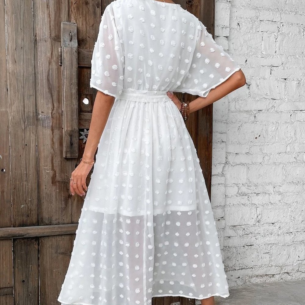 White Preppy Womens Swiss Dot Wrap Detail Dolman Sleeve Belted Dress - Picture 3 of 5